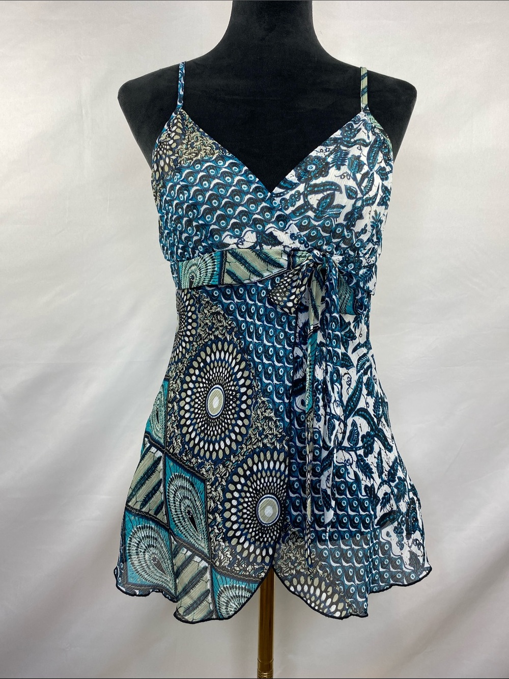 Vintage Y2K Byer Wear Sheer Patchwork Print Empire Waist Tie Front Cami Top